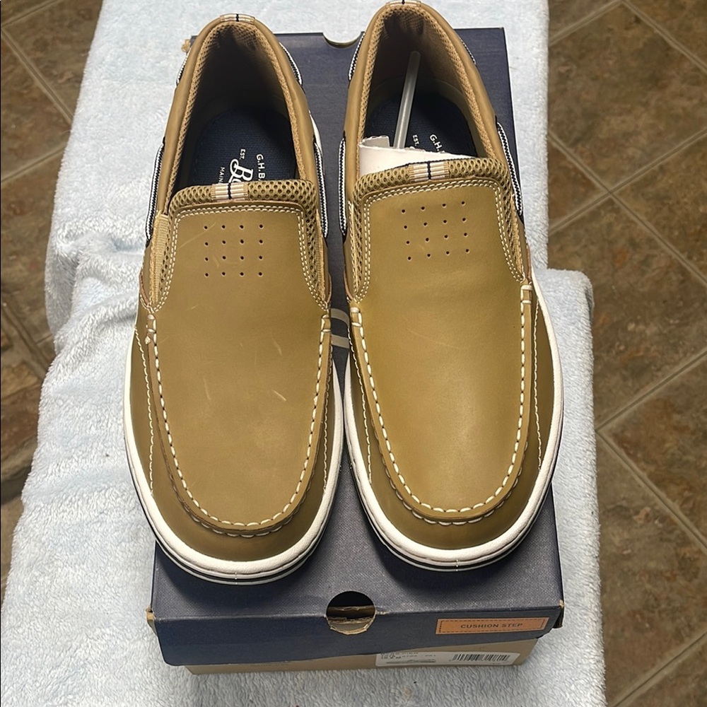 G.H. Bass & Co. Brown and White Boat Shoes with Moccasin Toe